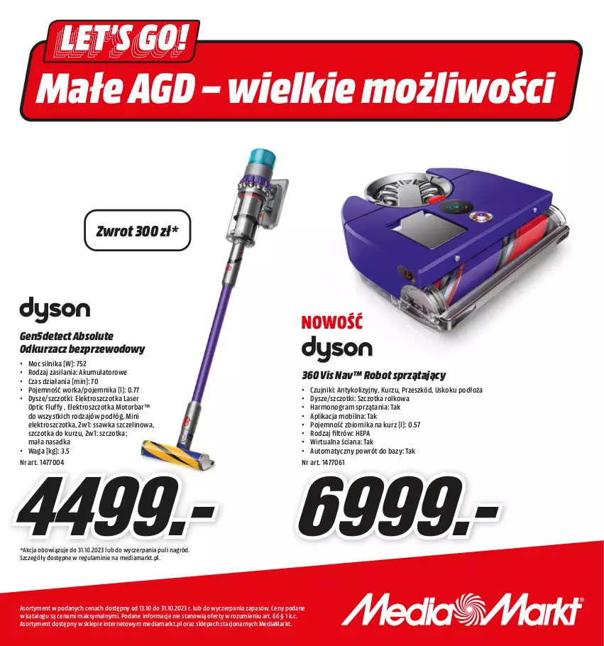 Gazetka promocyjna Media Markt - Gazetka Media Markt - ważna 13.10 do 31.10.2023 - strona 1 - produkty: Absolut, Akumulator, Gra, Mobil, Odkurzacz, Odkurzacz bezprzewodowy, Orka, Pojemnik, Robot, Robot sprzątający, Ser, Silan, Szczotka, Torba, Waga