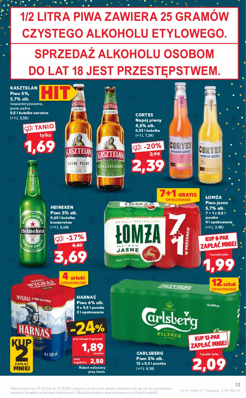 Gazetka promocyjna Kaufland - OFERTA TYGODNIA - ważna 29.12.2021 do 04.01.2022 - strona 13 - produkty: Carlsberg, Gra, Harnaś, Heineken, Kasztelan, Napój, Piwa, Piwo, Piwo jasne