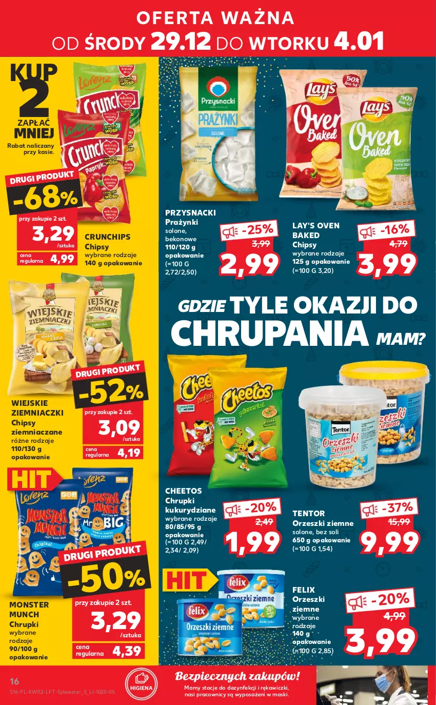 Gazetka promocyjna Kaufland - OFERTA TYGODNIA - ważna 29.12.2021 do 04.01.2022 - strona 16 - produkty: Beko, Cheetos, Chipsy, Chrupki, Crunchips, Felix, Monster Munch, Orzeszki, Orzeszki ziemne, Piec, Przysnacki