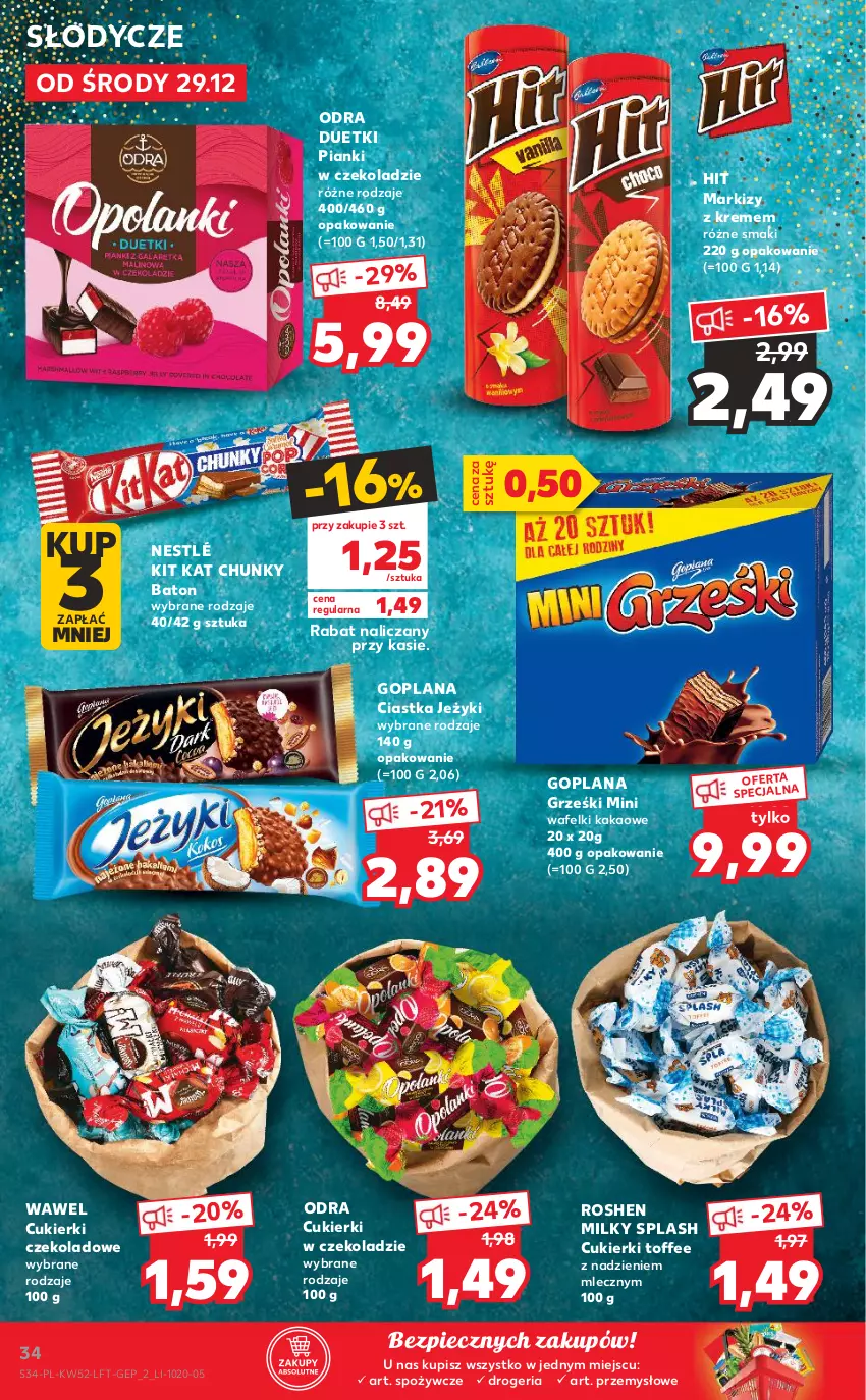 Gazetka promocyjna Kaufland - OFERTA TYGODNIA - ważna 29.12.2021 do 04.01.2022 - strona 34 - produkty: Baton, Ciastka, Cukier, Cukierki, Cukierki czekoladowe, Goplana, Grześki, Jeżyki, Kakao, Kit Kat, LANA, Nestlé, Piec, Wawel