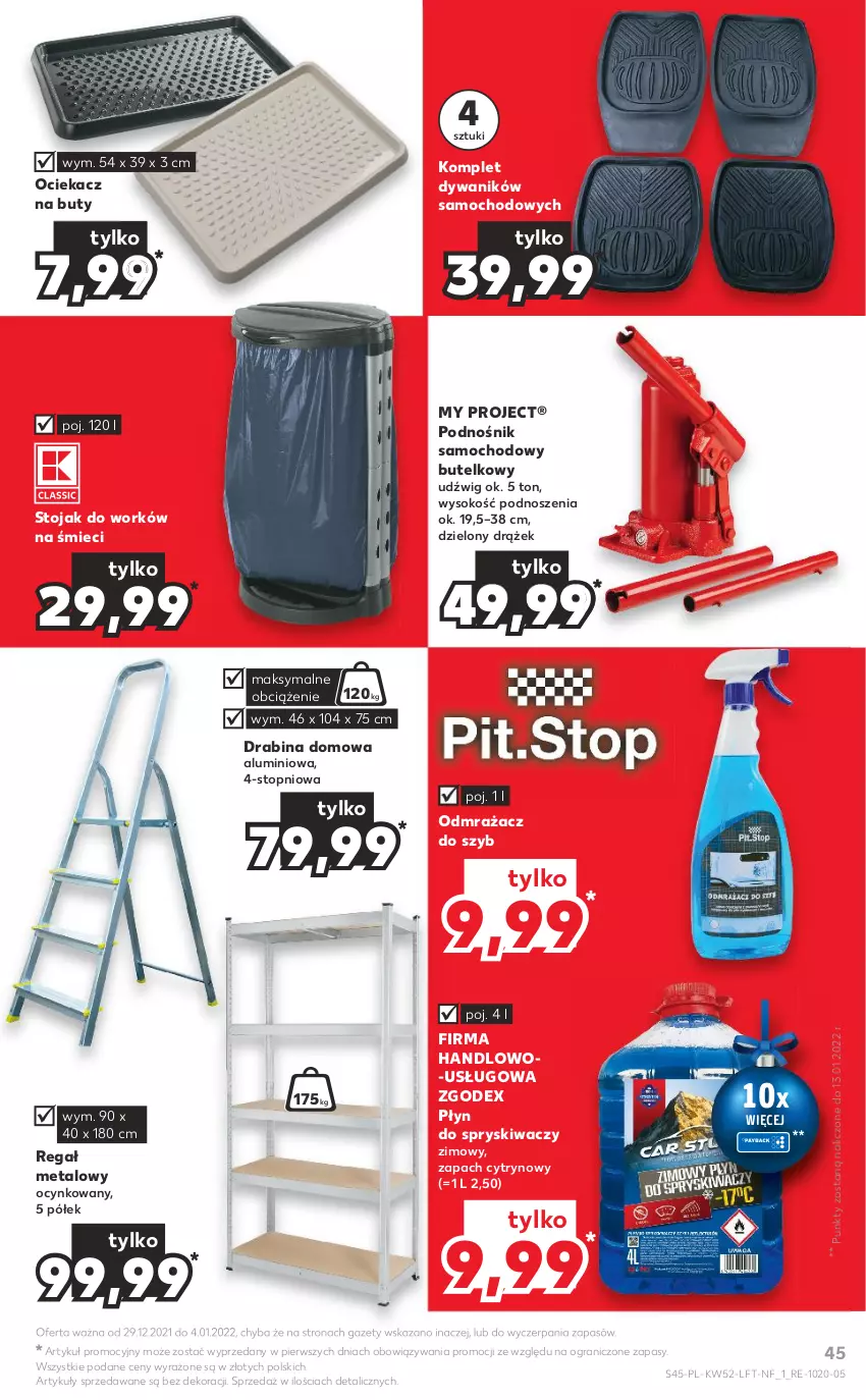 Gazetka promocyjna Kaufland - OFERTA TYGODNIA - ważna 29.12.2021 do 04.01.2022 - strona 45 - produkty: Buty, Cynk, Drabina, Dywan, Dywanik, Dźwig, Gra, Ociekacz, Odmrażacz do szyb, Płyn do spryskiwaczy, Regał, Regał metalowy, Sok, Stojak, Top