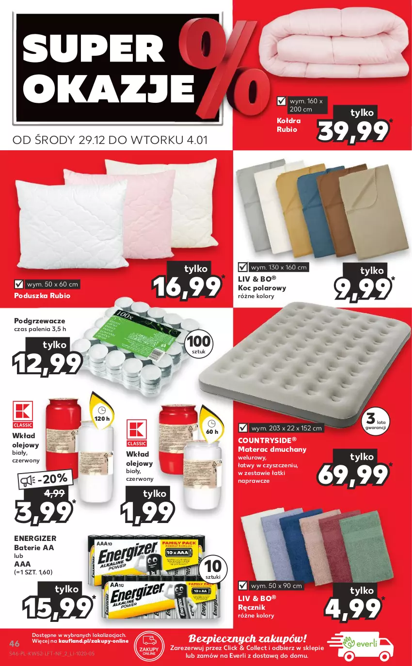 Gazetka promocyjna Kaufland - OFERTA TYGODNIA - ważna 29.12.2021 do 04.01.2022 - strona 46 - produkty: Energizer, Koc, Kołdra, Materac, Materac dmuchany, Olej, Piec, Podgrzewacze, Poduszka, Ręcznik, Tera, Wkład olejowy