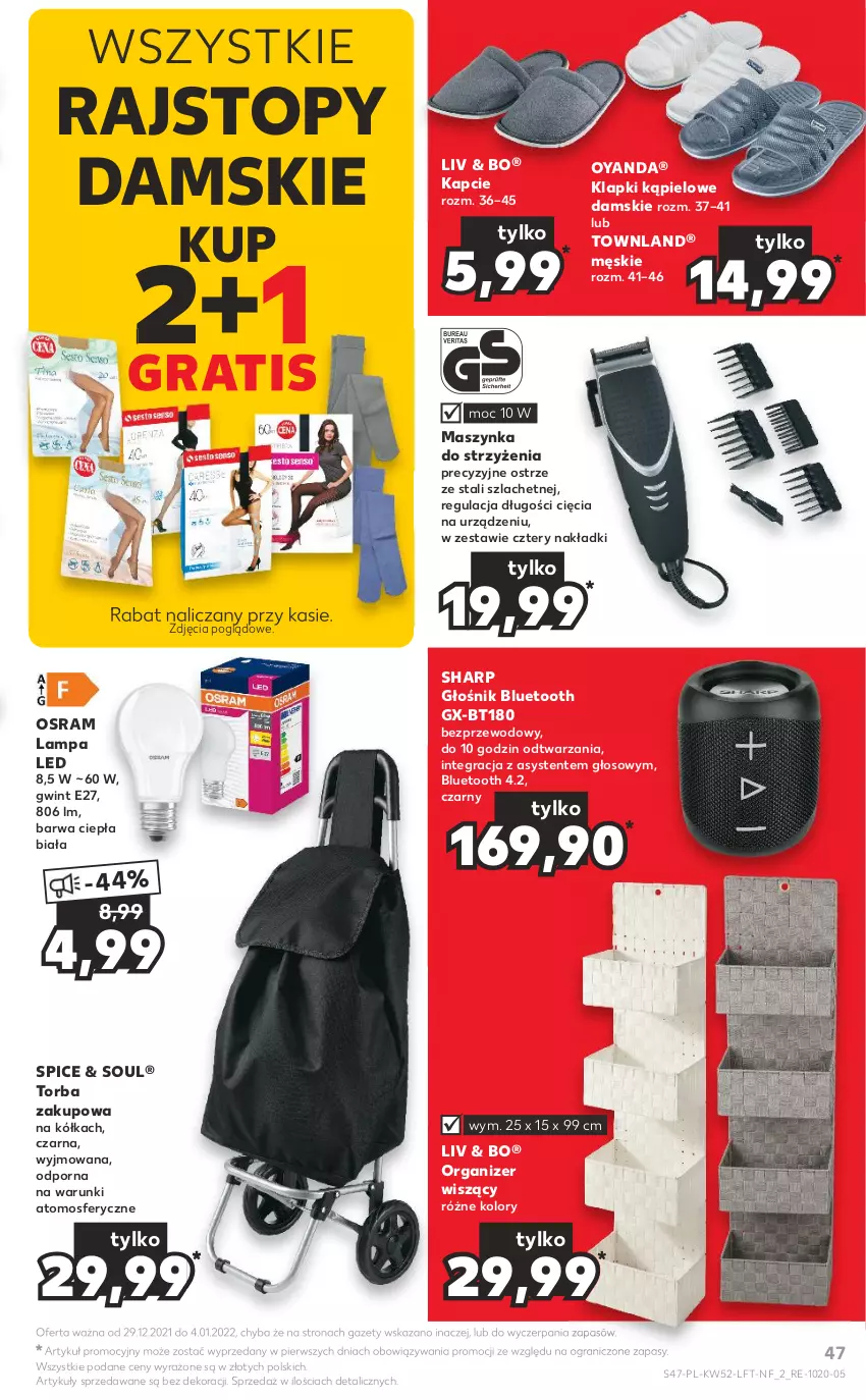 Gazetka promocyjna Kaufland - OFERTA TYGODNIA - ważna 29.12.2021 do 04.01.2022 - strona 47 - produkty: Głośnik, Głośnik bluetooth, Gra, Kapcie, Klapki, Lampa, Lampa LED, Maszynka, Organizer, Por, Rajstopy, Sharp, Szynka, Top, Torba