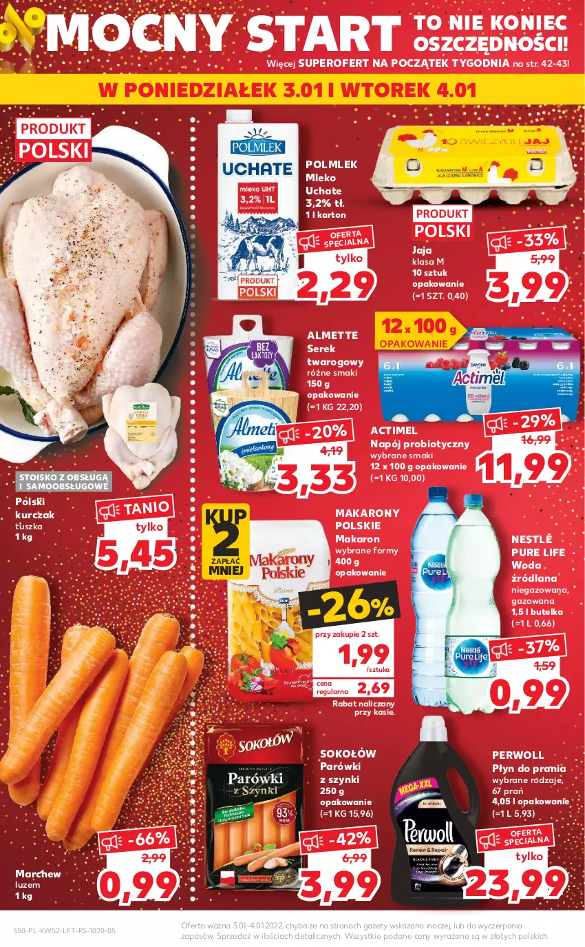 Gazetka promocyjna Kaufland - OFERTA TYGODNIA - ważna 29.12.2021 do 04.01.2022 - strona 50 - produkty: Actimel, Almette, Jaja, Kurczak, LANA, Makaron, Mleko, Napój, Nestlé, Parówki, Parówki z szynki, Perwoll, Płyn do prania, POLMLEK, Pur, Ser, Serek, Serek twarogowy, Sok, Sokołów, Tusz, Woda