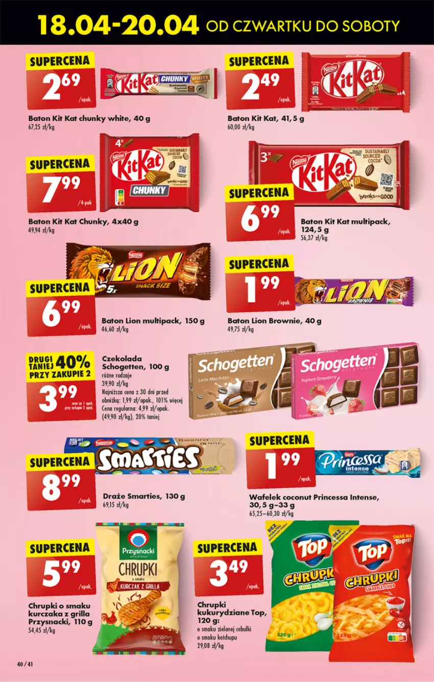 Gazetka promocyjna Biedronka - Od czwartku - ważna 18.04 do 24.04.2024 - strona 45 - produkty: Baton, Brownie, Chrupki, Czekolada, Grill, Ketchup, Kit Kat, Koc, Kurczak, Lion, Princessa, Przysnacki, Schogetten, Top, Wafelek