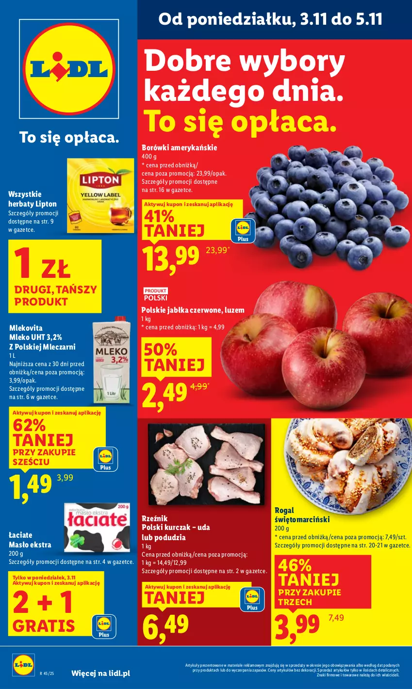 Gazetka promocyjna Lidl - GAZETKA - ważna 03.11 do 05.11.2025 - strona 1 - produkty: Gra, Jabłka, Kurczak, Lipton, Masło, Mleko, Mlekovita, Rogal