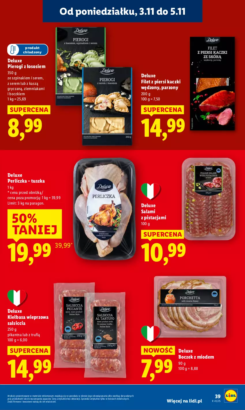 Gazetka promocyjna Lidl - GAZETKA - ważna 03.11 do 05.11.2025 - strona 41 - produkty: Boczek, Filet z piersi kaczki, Gry, Kiełbasa, Perliczka, Pierogi, Salami, Ser, Sos, Szpinak, Tusz