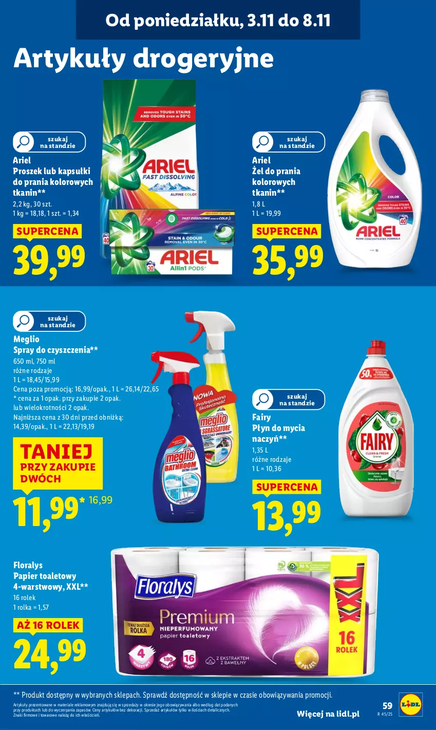 Gazetka promocyjna Lidl - GAZETKA - ważna 03.11 do 05.11.2025 - strona 61 - produkty: Ariel, Do mycia naczyń, Fa, Fairy, Flora, Kapsułki do prania, Papier, Papier toaletowy, Płyn do mycia, Płyn do mycia naczyń, Spray do czyszczenia