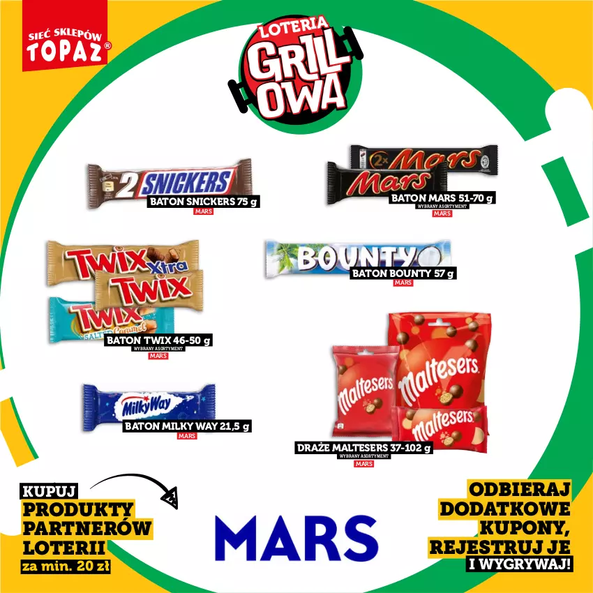 Gazetka promocyjna Topaz - Gazetka - ważna 20.04 do 14.06.2026 - strona 34 - produkty: Baton, Bounty, Gry, Mars, Milky Way, Ser, Snickers, Twix
