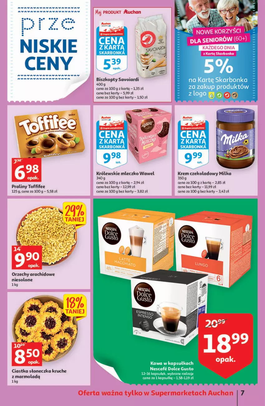 Gazetka promocyjna Auchan - przeNISKIE CENY produkty pewne przedobrego Supermarkety - ważna 24.03 do 30.03.2022 - strona 7 - produkty: Ciastka, Dolce Gusto, Kawa, Królewski, Królewskie Mleczko, Milka, Mleczko, Mola, Praliny, Ryż, Toffifee, Wawel