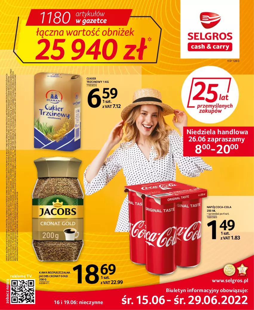 Gazetka promocyjna Selgros - Oferta spożywcza - ważna 15.06 do 29.06.2022 - strona 1 - produkty: Coca-Cola, Cukier, Cukier trzcinowy, Fa, Jacobs, Kawa, Kawa rozpuszczalna, LG, Napój, Tran