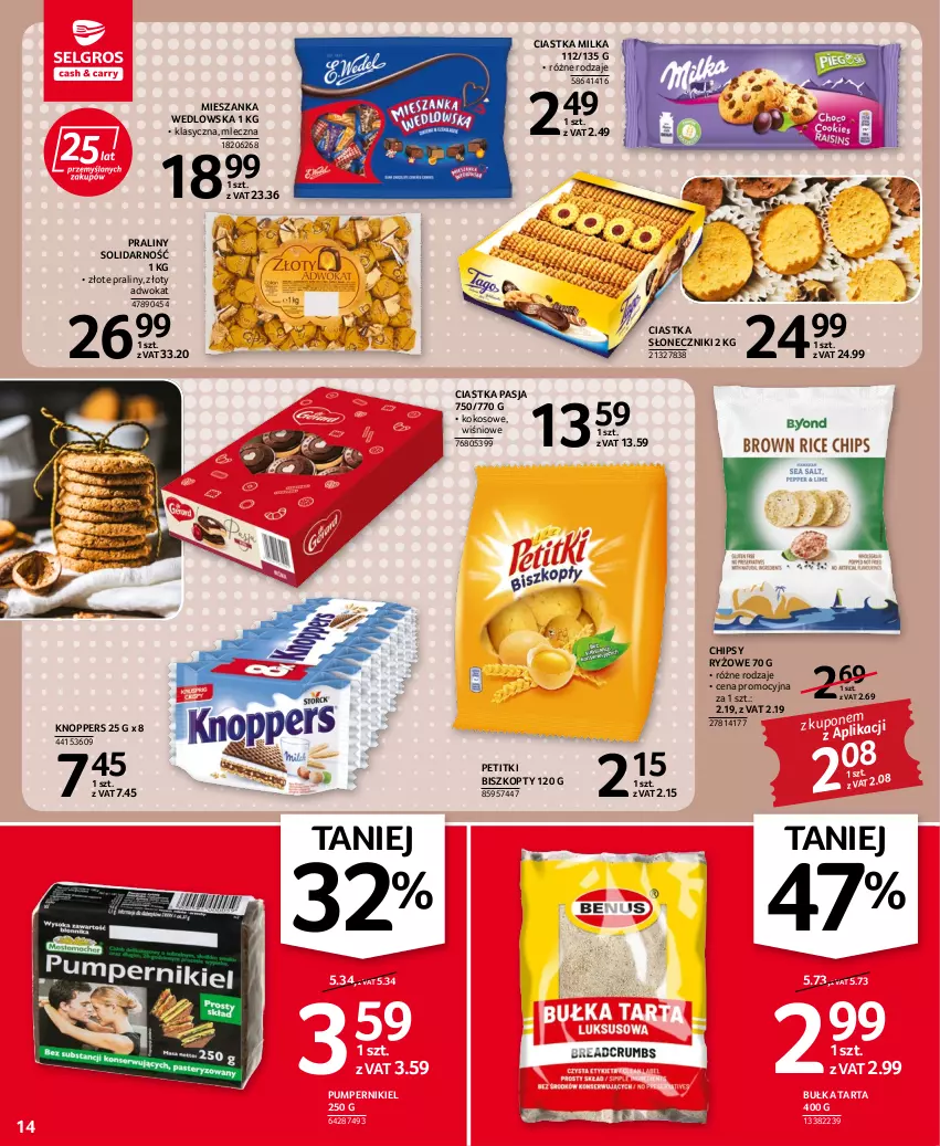 Gazetka promocyjna Selgros - Oferta spożywcza - ważna 15.06 do 29.06.2022 - strona 14 - produkty: Biszkopty, Bułka, Bułka tarta, Chipsy, Ciastka, Knoppers, Kokos, Mieszanka wedlowska, Milka, Praliny, Ryż, Tarta