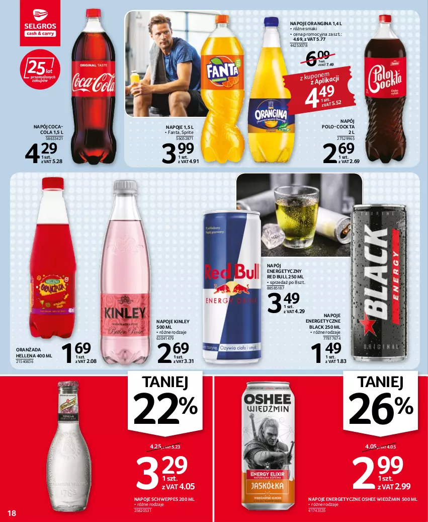 Gazetka promocyjna Selgros - Oferta spożywcza - ważna 15.06 do 29.06.2022 - strona 18 - produkty: Fa, Fanta, Gin, Hellena, Lack, Napój, Napój energetyczny, Napoje, Oranżada, Oshee, Red Bull, Schweppes, Sprite