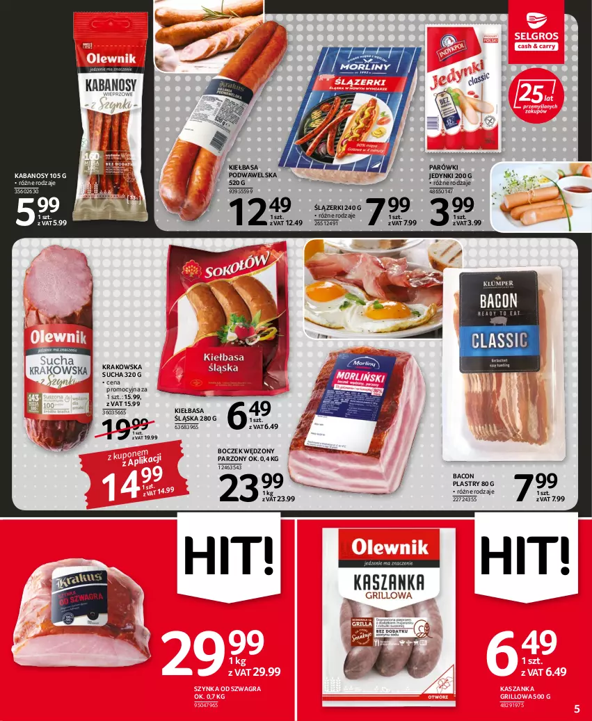 Gazetka promocyjna Selgros - Oferta spożywcza - ważna 15.06 do 29.06.2022 - strona 5 - produkty: Boczek, Gra, Grill, Kabanos, Kasza, Kaszanka, Kiełbasa, Kiełbasa podwawelska, Kiełbasa śląska, Parówki, Szynka, Wawel