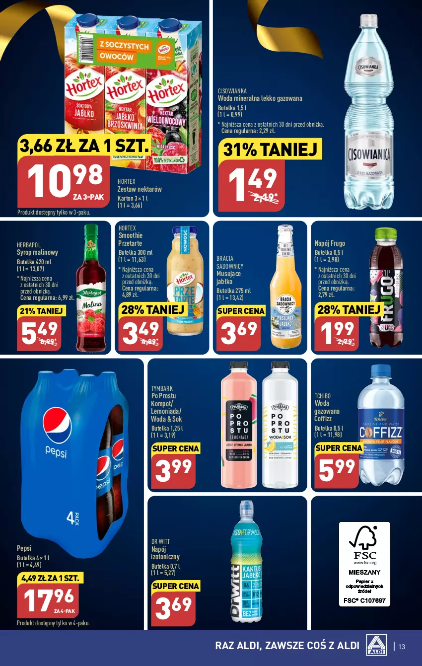 Gazetka promocyjna Aldi - Pełen katalog od 10.07 - ważna 10.07 do 15.07.2023 - strona 13 - produkty: Cisowianka, Herbapol, Hortex, Lemoniada, Mus, Napój, Napój izotoniczny, Nektar, Pepsi, Smoothie, Sok, Syrop, Tchibo, Tymbark, Woda, Woda gazowana, Woda mineralna