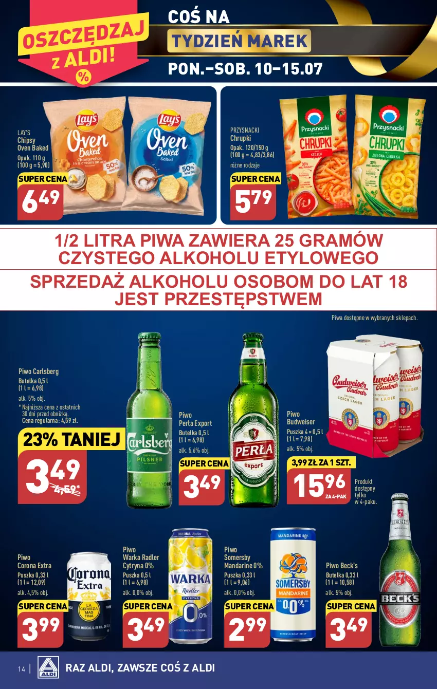 Gazetka promocyjna Aldi - Pełen katalog od 10.07 - ważna 10.07 do 15.07.2023 - strona 14 - produkty: Carlsberg, Chipsy, Chrupki, Corona Extra, Gra, Perła, Piwa, Piwo, Por, Przysnacki, Radler, Ser, Somersby, Warka