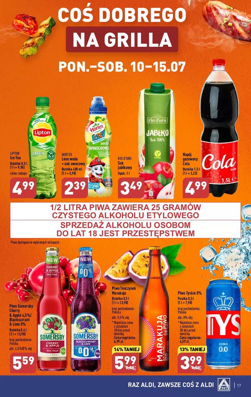 Gazetka promocyjna Aldi - Pełen katalog od 10.07 - ważna 10.07 do 15.07.2023 - strona 17 - produkty: Gra, Grill, Hortex, Ice tea, Lack, Leon, Lipton, Napój, Napój gazowany, Piwa, Piwo, Sok, Sok jabłkowy, Somersby, Tyskie, Woda