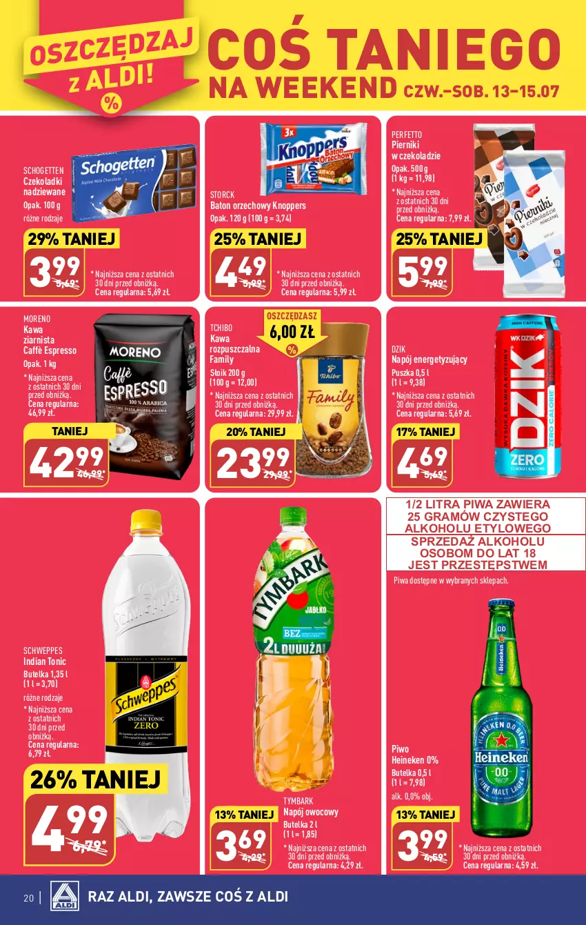 Gazetka promocyjna Aldi - Pełen katalog od 10.07 - ważna 10.07 do 15.07.2023 - strona 20 - produkty: Baton, Fa, Gra, Heineken, Kawa, Kawa rozpuszczalna, Kawa ziarnista, Knoppers, Napój, Piernik, Pierniki w czekoladzie, Piwa, Piwo, Schogetten, Schweppes, Tchibo, Tymbark