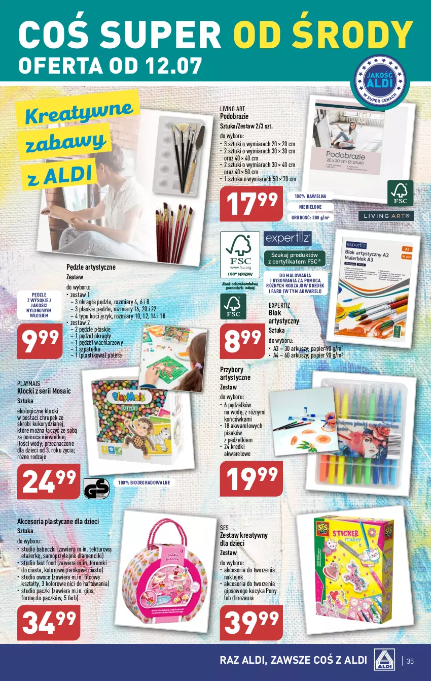 Gazetka promocyjna Aldi - Pełen katalog od 10.07 - ważna 10.07 do 15.07.2023 - strona 35 - produkty: Babeczki, Dinozaur, Dzieci, Fa, Foremki, Gra, Klej, Klocki, Koc, Mop, Obraz, Owoce, Paleta, Papier, Ser, Sok, Szpatułka, Wełna