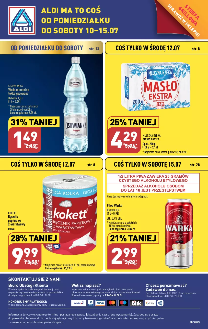 Gazetka promocyjna Aldi - Pełen katalog od 10.07 - ważna 10.07 do 15.07.2023 - strona 38 - produkty: Biuro, Cisowianka, Fa, Gra, Masło, Mleczna Rzeka, O nas, Papier, Piwa, Piwo, Por, Ręcznik, Warka, Woda, Woda mineralna