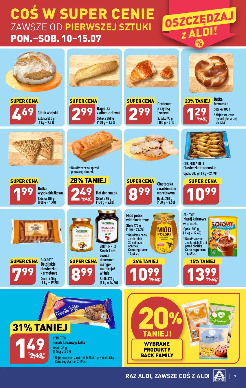 Gazetka promocyjna Aldi - Pełen katalog od 10.07 - ważna 10.07 do 15.07.2023 - strona 7 - produkty: Bagietka, Bułka, Chleb, Croissant, Cukier, Deser, Fa, Hot dog, Hot dog snack, Kakao, LG, Mango, Miód, Napój, Owoce, Ser, Sok