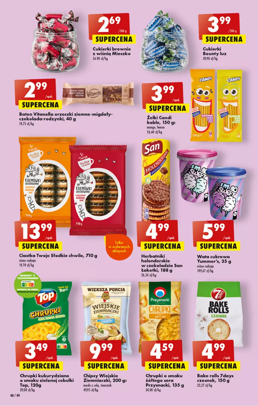 Gazetka promocyjna Biedronka - ważna 16.03 do 22.03.2023 - strona 48 - produkty: Bake Rolls, Baton, Bounty, Brownie, Chipsy, Chrupki, Ciastka, Cukier, Cukierki, Czekolada, Czosnek, Herbatniki, Masło, Orzeszki, Orzeszki ziemne, Por, Przysnacki, Rodzynki, Ser, Top, Wata cukrowa