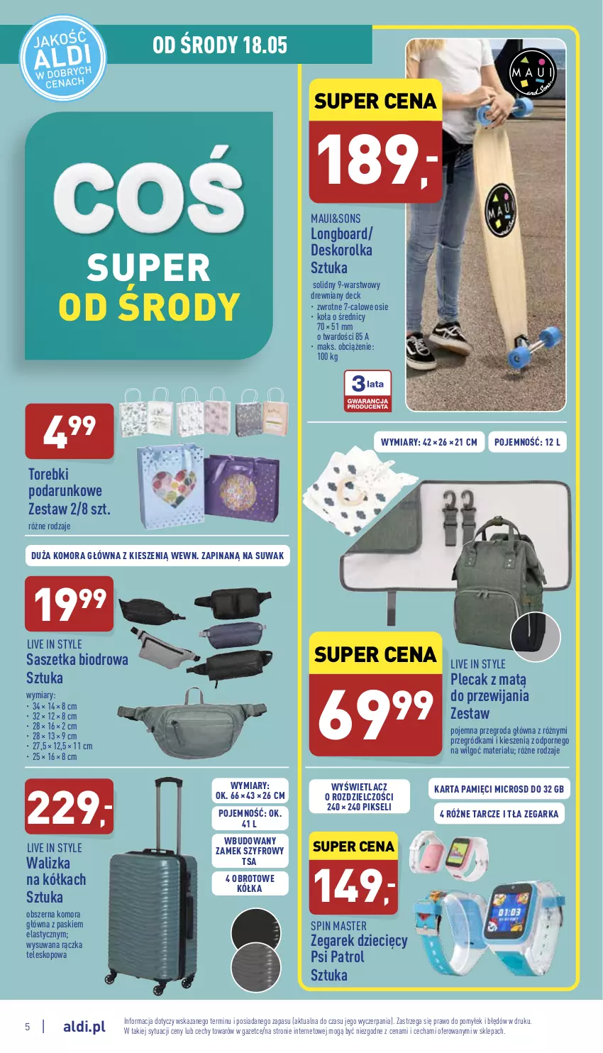 Gazetka promocyjna Aldi - Zaplanuj zakupy wcześniej - ważna 18.05 do 21.05.2022 - strona 5 - produkty: Deskorolka, Dzieci, Karta pamięci, LG, Plecak, Por, Psi Patrol, Teleskop, Walizka, Zegar, Zegarek