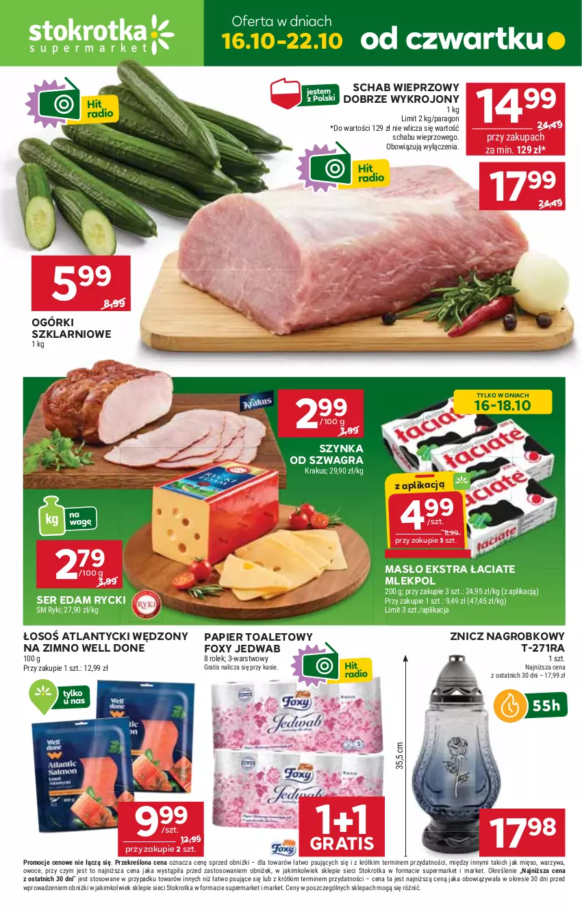Gazetka promocyjna Stokrotka - Supermarket - ważna 16.10 do 22.10.2025 - strona 1 - produkty: Edam, Foxy, Gra, Krakus, Masło, Mięso, Owoce, Papier, Papier toaletowy, Schab wieprzowy, Ser, Szynka, Warzywa, Znicz