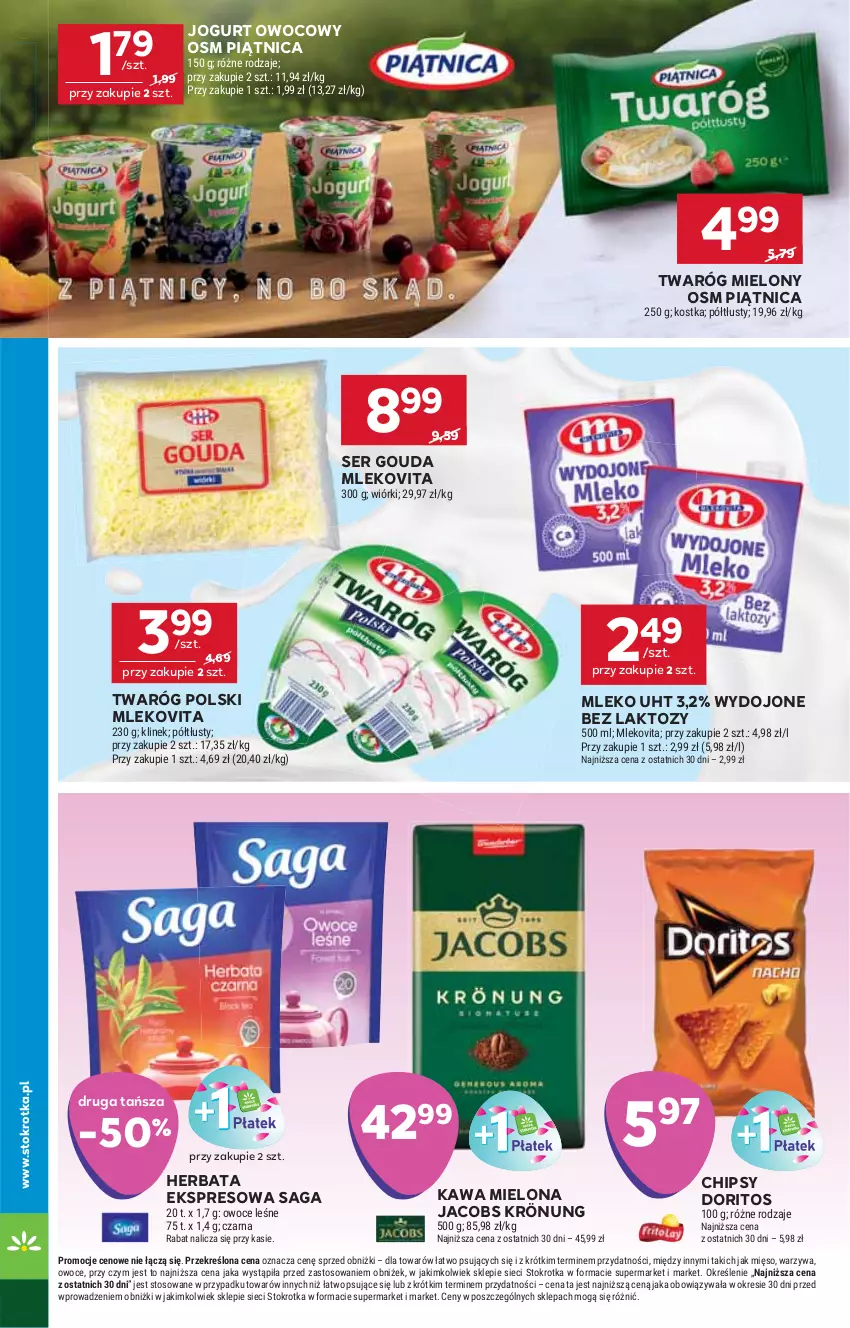 Gazetka promocyjna Stokrotka - Supermarket - ważna 16.10 do 22.10.2025 - strona 12 - produkty: Chipsy, Gouda, Herbata, Jacobs, Jacobs Krönung, Jogurt, Jogurt owocowy, Kawa, Kawa mielona, Mięso, Mleko, Mlekovita, Owoce, Piątnica, Saga, Ser, Twaróg, Warzywa
