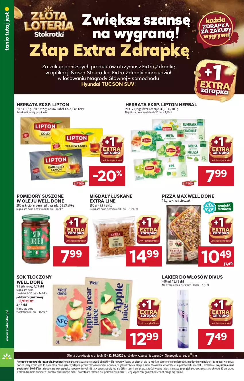 Gazetka promocyjna Stokrotka - Supermarket - ważna 16.10 do 22.10.2025 - strona 14 - produkty: Earl Grey, Gra, Gry, Herbata, Lakier, Lakier do włosów, Lipton, Mięso, Migdały, Migdały łuskane, Olej, Owoce, Piec, Pizza, Pomidory, Sok, Szynka, Warzywa