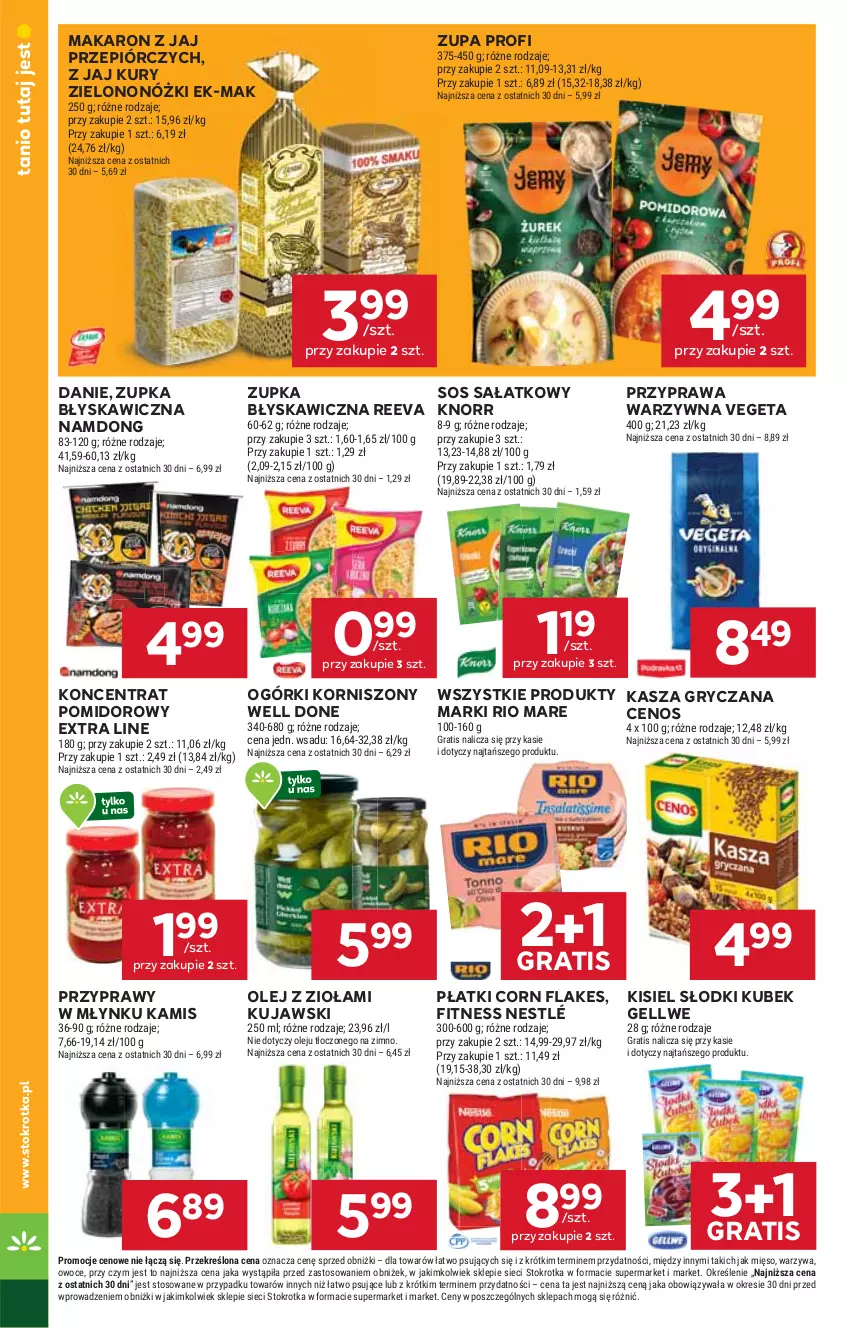Gazetka promocyjna Stokrotka - Supermarket - ważna 16.10 do 22.10.2025 - strona 16 - produkty: Cenos, Corn flakes, Gra, Gry, Kamis, Kasza, Kasza gryczana, Kisiel, Knorr, Koncentrat pomidorowy, Korniszony, Kubek, Kujawski, Makaron, Mięso, Nestlé, Olej, Owoce, Przyprawy, Rio Mare, Sałat, Sos, Vegeta, Warzywa, Zupa
