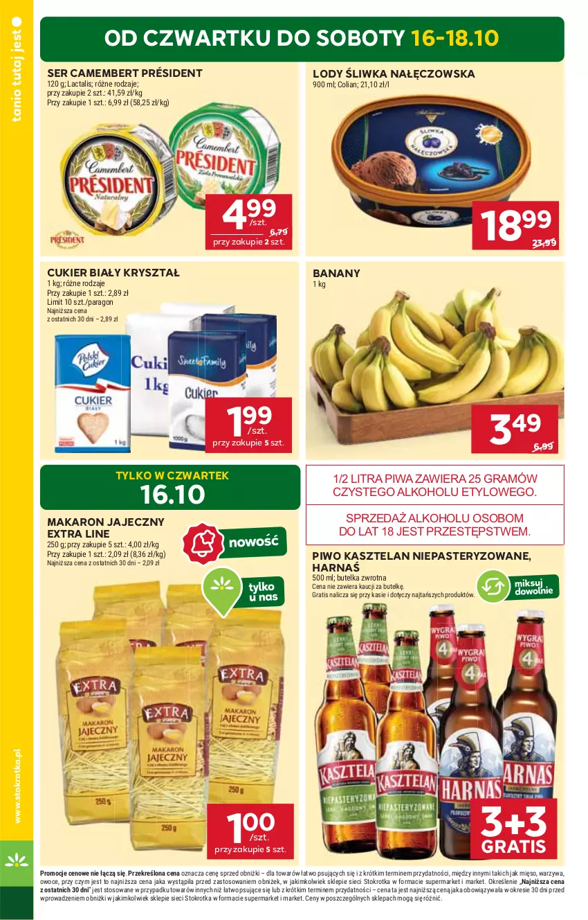 Gazetka promocyjna Stokrotka - Supermarket - ważna 16.10 do 22.10.2025 - strona 2 - produkty: Banany, Camembert, Cukier, Gra, Harnaś, Kasztelan, Lody, Makaron, Mięso, Owoce, Piwa, Piwo, Président, Ser, Warzywa
