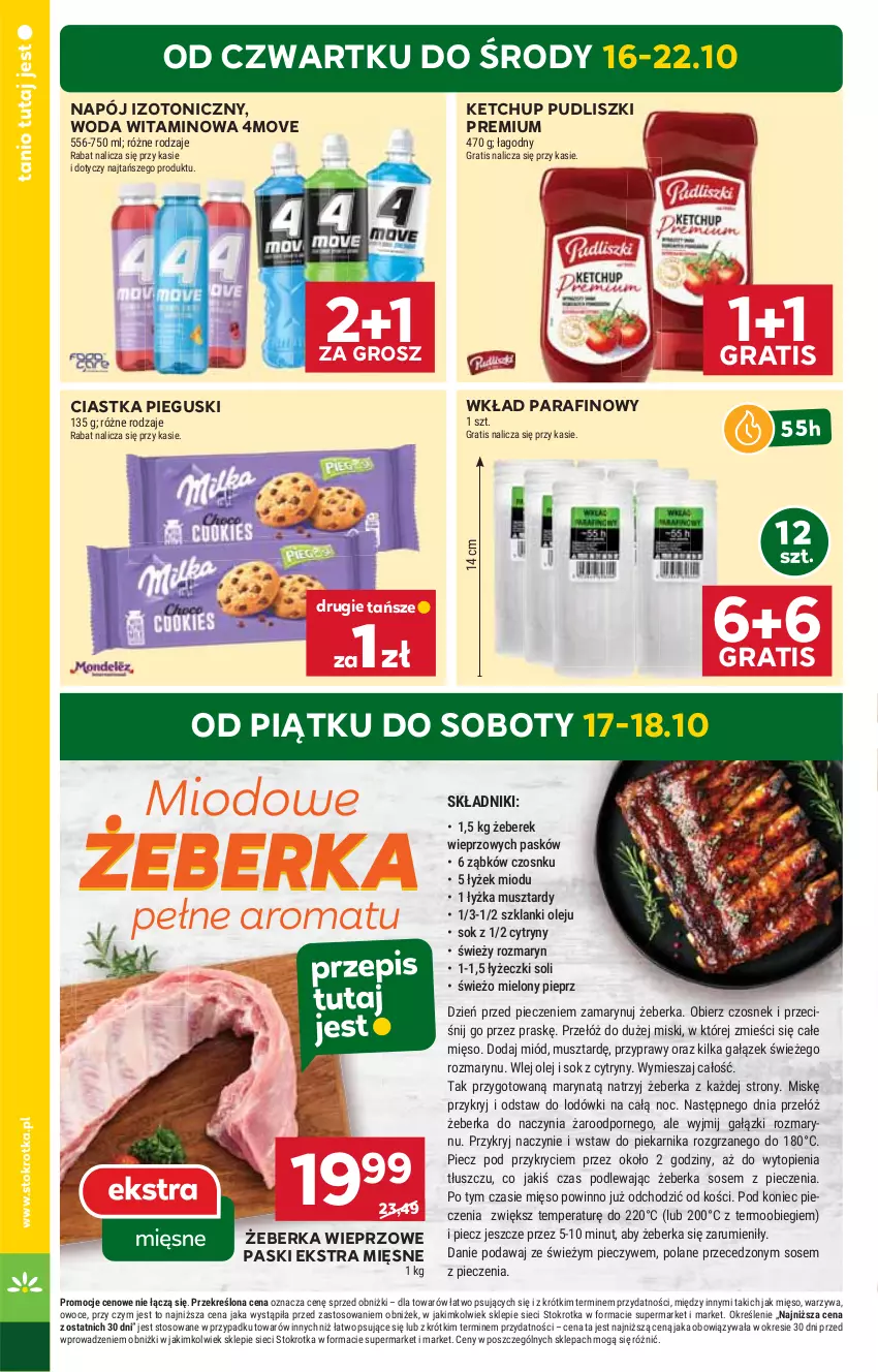 Gazetka promocyjna Stokrotka - Supermarket - ważna 16.10 do 22.10.2025 - strona 4 - produkty: Ciastka, Cytryny, Czosnek, Gra, Ketchup, Lanki, Mięso, Miód, Mus, Napój, Napój izotoniczny, Olej, Owoce, Piec, Piekarnik, Pieprz, Por, Przyprawy, Pudliszki, Rum, Sok, Sos, Top, Warzywa, Woda