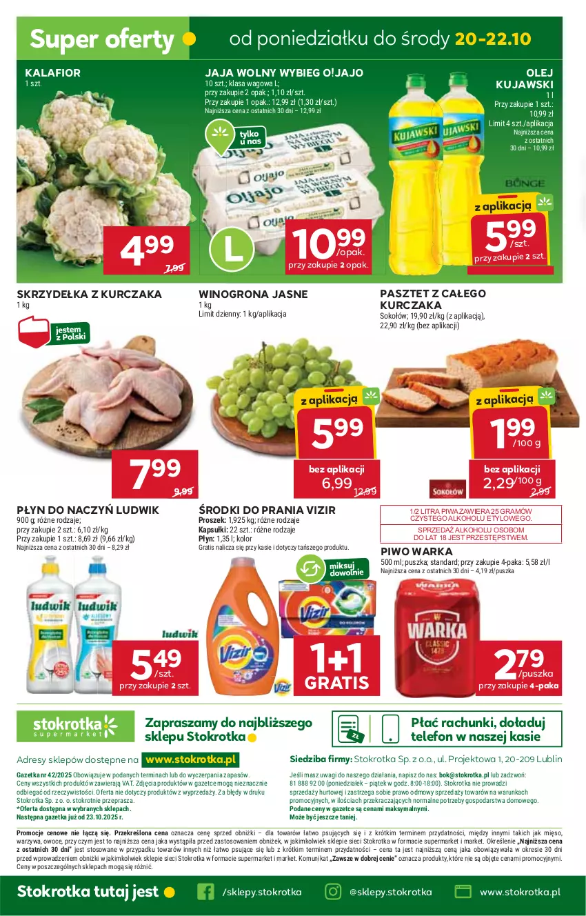 Gazetka promocyjna Stokrotka - Supermarket - ważna 16.10 do 22.10.2025 - strona 40 - produkty: Dres, Gra, Jaja, JBL, Kalafior, Kujawski, Kurczak, Ludwik, Mięso, O nas, Olej, Owoce, Pasztet, Piwa, Piwo, Skrzydełka z kurczaka, Sok, Sokołów, Telefon, Vizir, Wagi, Warka, Warzywa, Wino, Winogrona