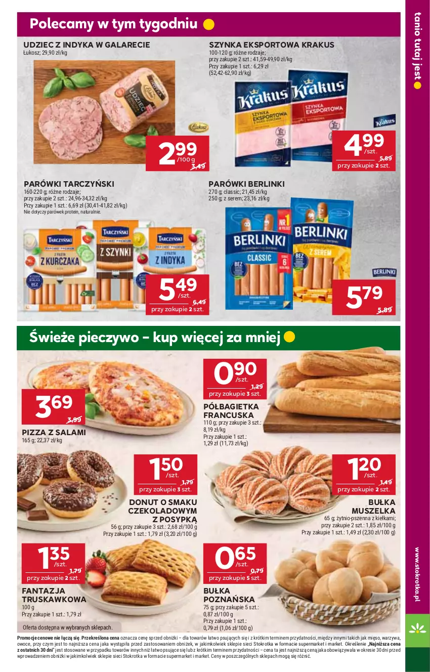 Gazetka promocyjna Stokrotka - Supermarket - ważna 16.10 do 22.10.2025 - strona 9 - produkty: Bagietka, Berlinki, Bułka, Donut, Fa, Fanta, Gala, Kosz, Krakus, Mięso, Mus, Owoce, Parówki, Piec, Pieczywo, Pizza, Półbagietka, Por, Salami, Ser, Sport, Szynka, Tarczyński, Udziec z indyka, Udziec z indyka w galarecie, Warzywa