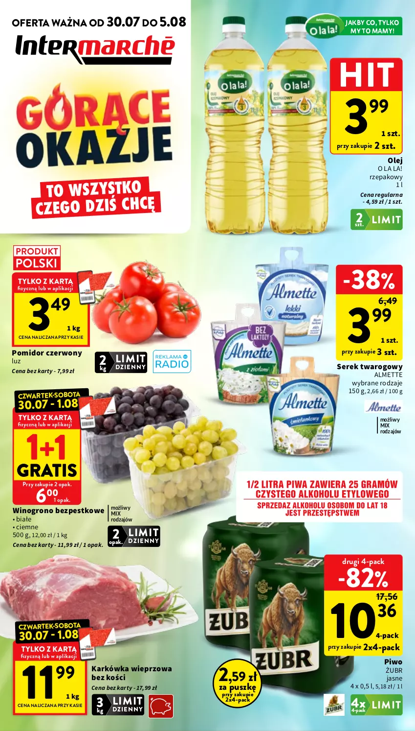 Gazetka promocyjna Intermarche - Gazetka Intermarche - ważna 30.07 do 05.08.2026 - strona 1 - produkty: Almette, Gra, Karkówka wieprzowa, Olej, Piwo, Ser, Serek, Serek twarogowy, Wino