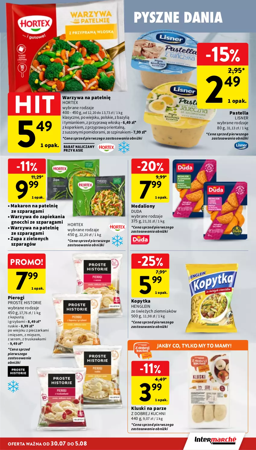 Gazetka promocyjna Intermarche - Gazetka Intermarche - ważna 30.07 do 05.08.2026 - strona 19 - produkty: Bazyl, Duda, Gnocchi, Hortex, Kapustą, Kluski na parze, Kopytka, Lion, Lisner, Makaron, Pastella, Piec, Pieczarka, Pierogi, Ser, Szpinak, Warzywa, Zupa