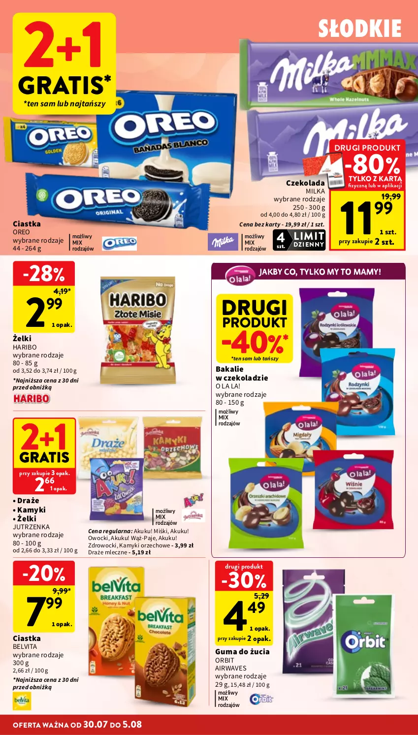 Gazetka promocyjna Intermarche - Gazetka Intermarche - ważna 30.07 do 05.08.2026 - strona 26 - produkty: BelVita, Ciastka, Czekolada, Gra, Guma do żucia, Haribo, Jutrzenka, Milka, Orbit, Oreo
