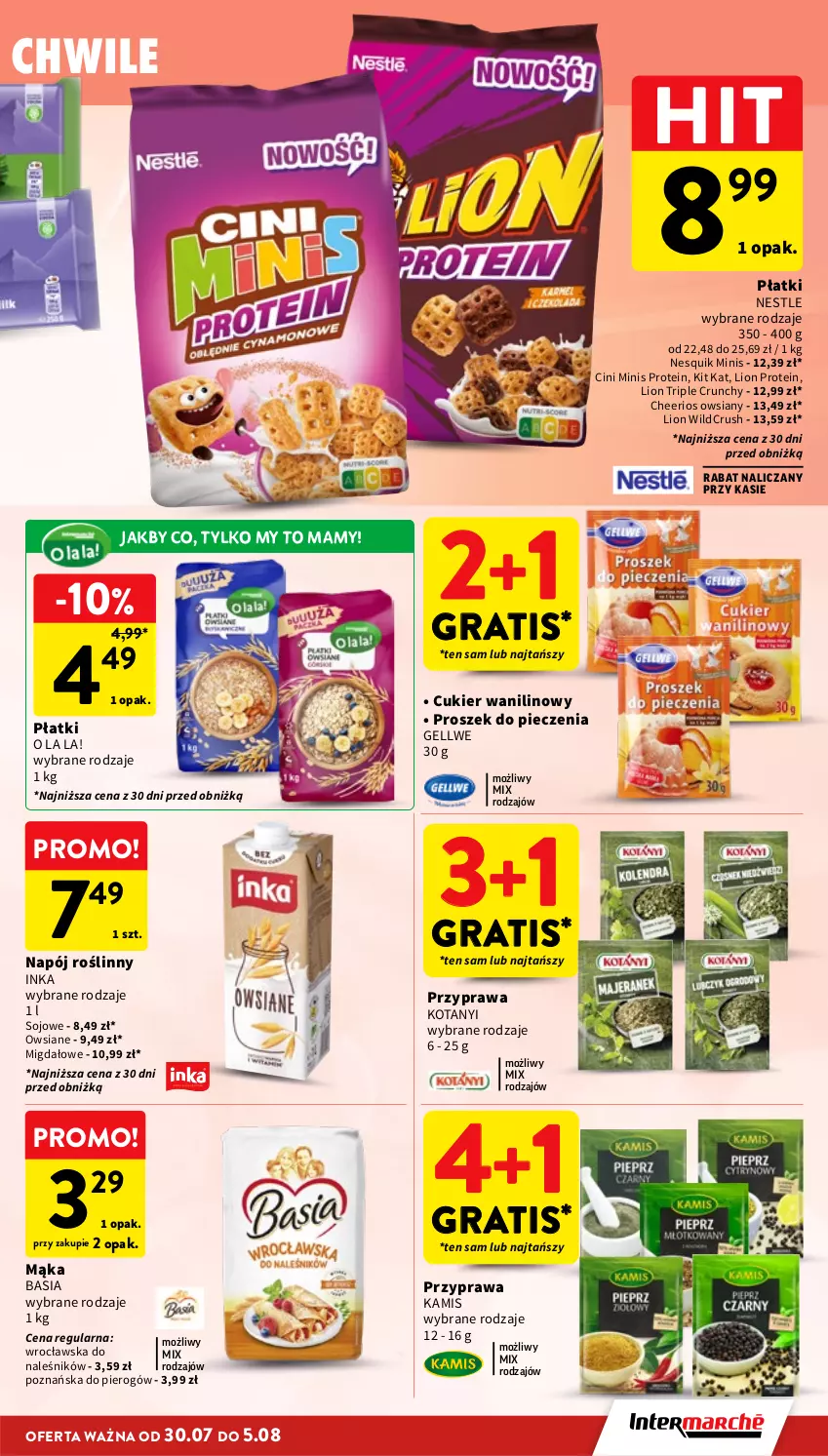 Gazetka promocyjna Intermarche - Gazetka Intermarche - ważna 30.07 do 05.08.2026 - strona 27 - produkty: Basia, Cheerios, Cini Minis, Cukier, Cukier wanilinowy, Gra, Inka, Kamis, Kit Kat, Lion, Mąka, Napój, Napój roślinny, Nesquik, Piec, Proszek do pieczenia