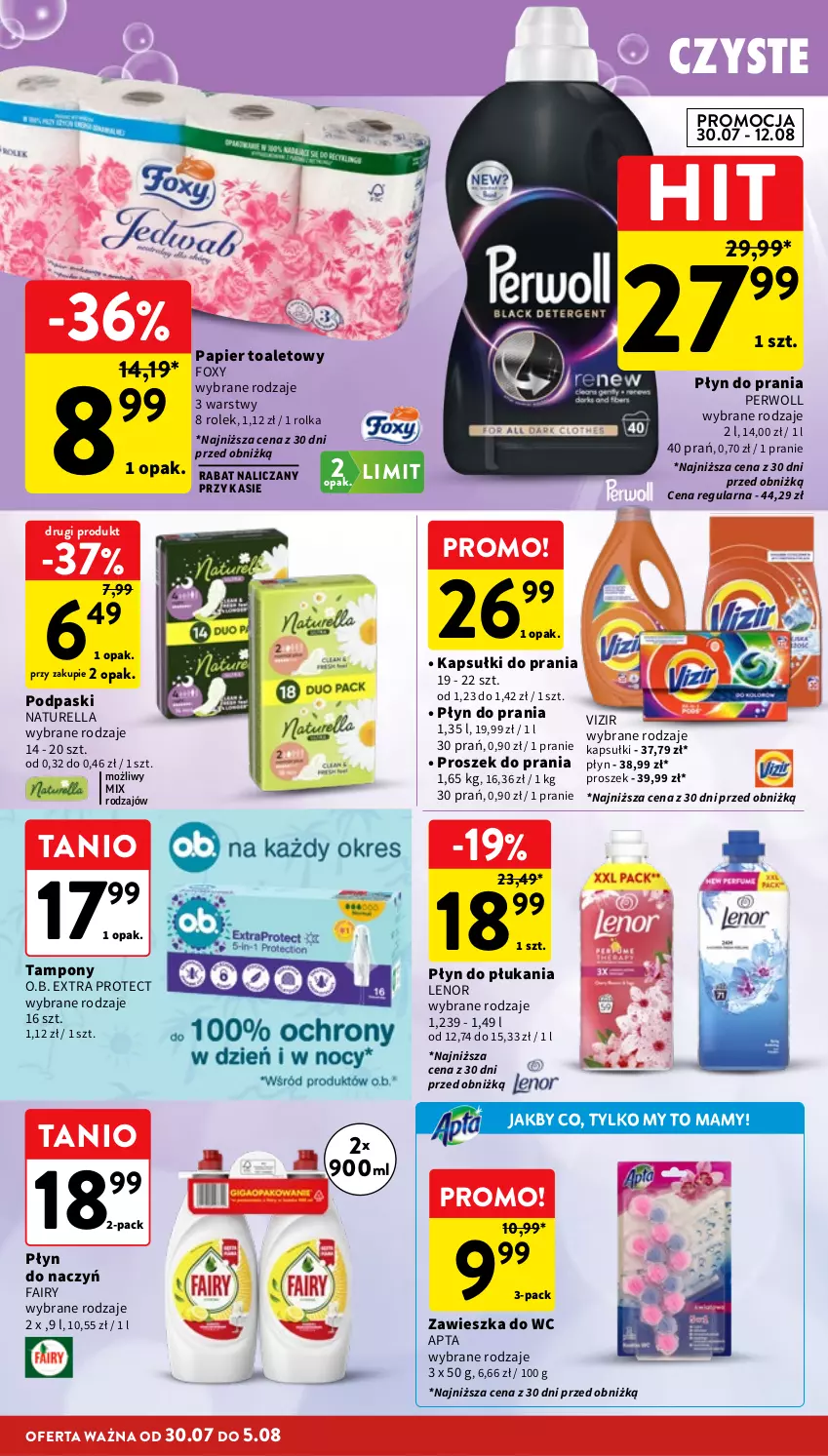 Gazetka promocyjna Intermarche - Gazetka Intermarche - ważna 30.07 do 05.08.2026 - strona 38 - produkty: Fa, Fairy, Foxy, Kapsułki do prania, Lenor, Naturell, Naturella, O.B., Papier, Papier toaletowy, Perwoll, Płyn do płukania, Płyn do prania, Podpaski, Proszek do prania, Tampony, Vizir, Zawieszka do wc