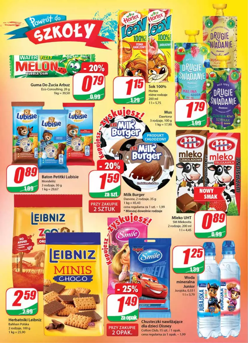 Gazetka promocyjna Dino - Gazetka - ważna 25.08 do 31.08.2021 - strona 4 - produkty: Arbuz, Baton, Burger, Chusteczki, Danone, Dawtona, Disney, Dzieci, Guma do żucia, Herbatniki, Hortex, Lubisie, Mleko, Mlekovita, Mus, Sok