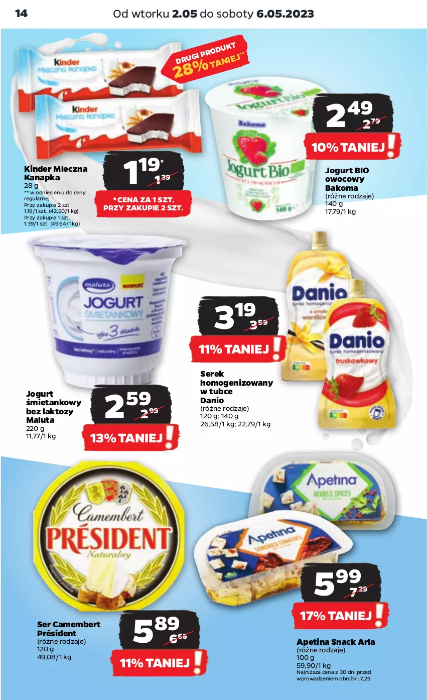 Gazetka promocyjna Netto - Artykuły spożywcze - ważna 02.05 do 06.05.2023 - strona 14 - produkty: Bakoma, Camembert, Danio, Jogurt, Jogurt bio, Kinder, Mleczna kanapka, Président, Ser, Serek, Serek homogenizowany