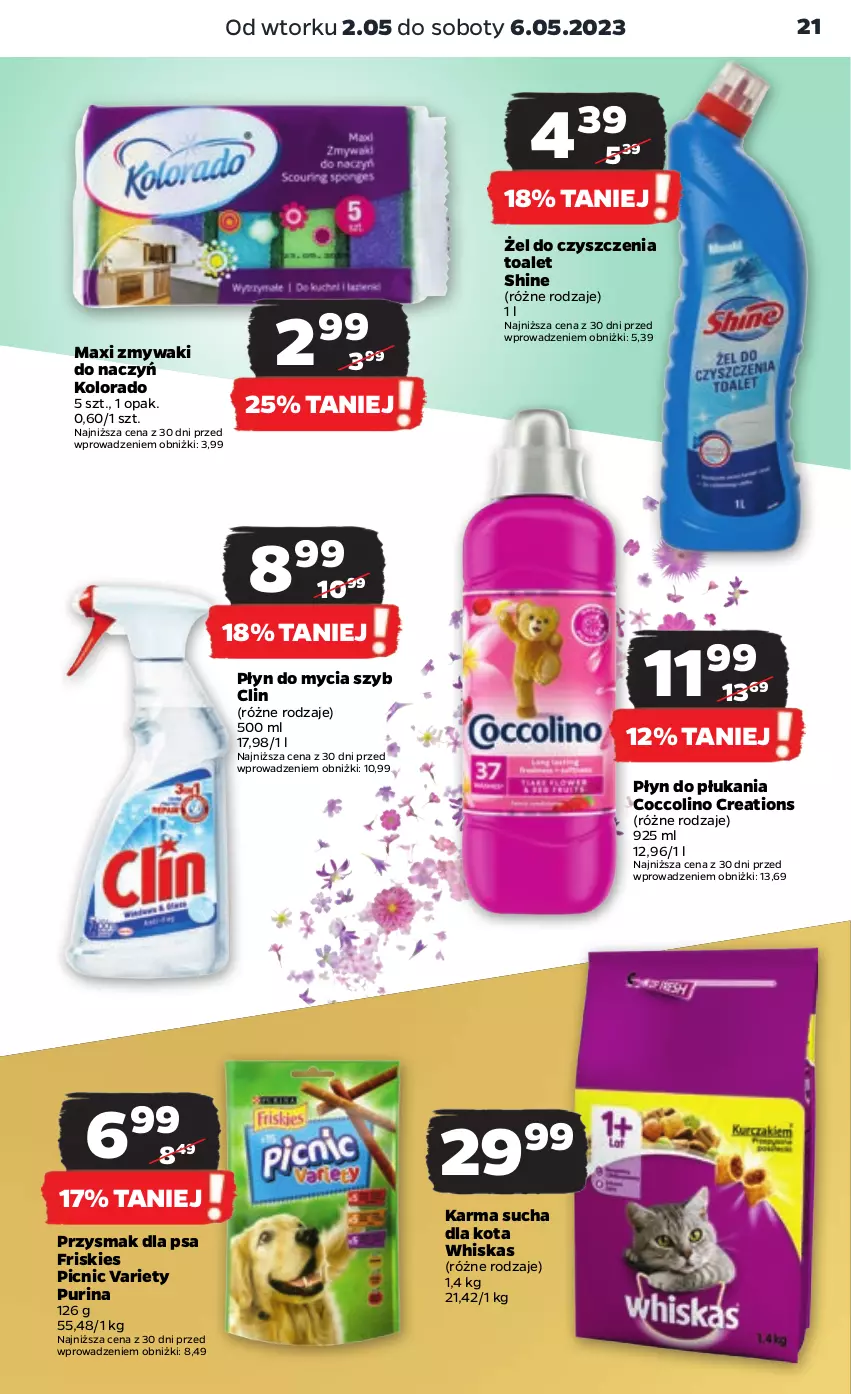 Gazetka promocyjna Netto - Artykuły spożywcze - ważna 02.05 do 06.05.2023 - strona 21 - produkty: Clin, Coccolino, Friskies, Kolorado, Płyn do mycia, Płyn do płukania, Przysmak dla psa, Pur, Purina, Whiskas