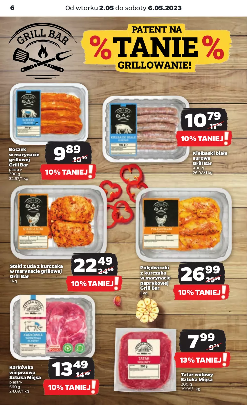 Gazetka promocyjna Netto - Artykuły spożywcze - ważna 02.05 do 06.05.2023 - strona 6 - produkty: Boczek, Grill, Karkówka wieprzowa, Kiełbaski białe, Kurczak, Polędwiczki z kurczaka, Stek, Tatar wołowy