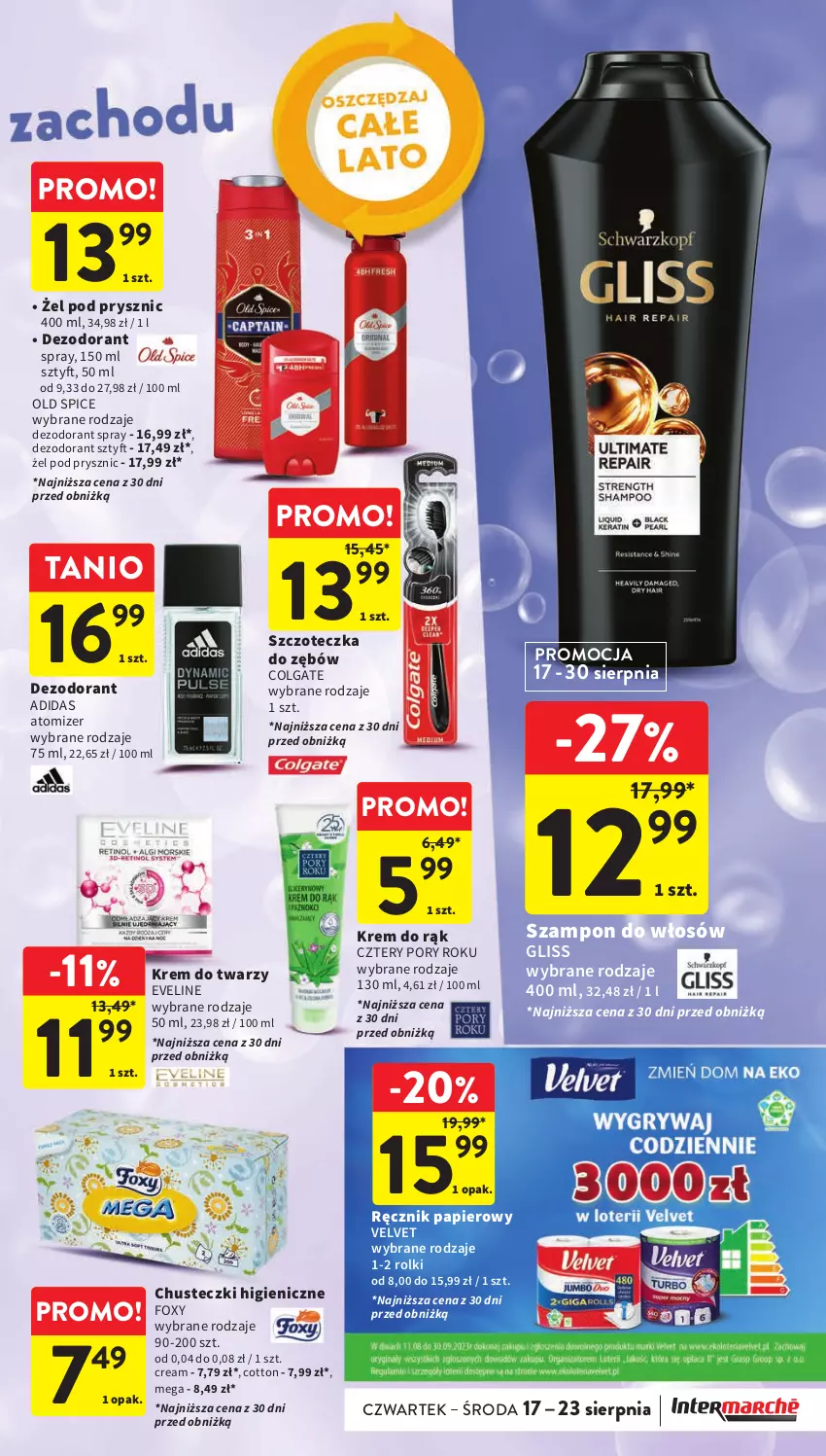 Gazetka promocyjna Intermarche - Gazetka Intermarche - ważna 17.08 do 23.08.2023 - strona 32 - produkty: Adidas, Chusteczki, Colgate, Dezodorant, Eveline, Foxy, Krem do rąk, Krem do twarzy, LG, Old Spice, Papier, Por, Ręcznik, Rolki, Szampon, Szczoteczka, Szczoteczka do zębów, Velvet