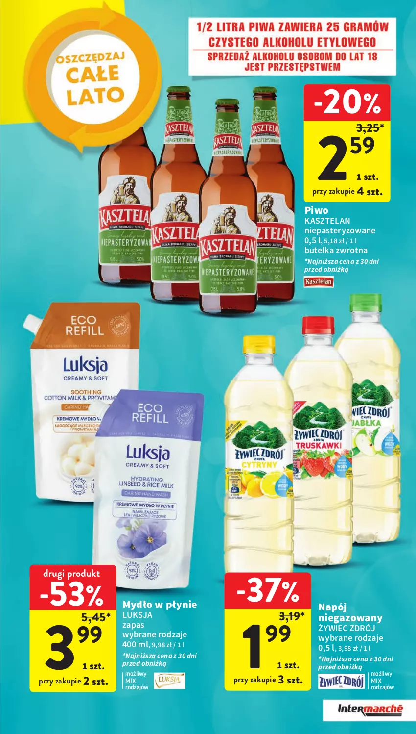 Gazetka promocyjna Intermarche - Gazetka Intermarche - ważna 17.08 do 23.08.2023 - strona 40 - produkty: Kasztelan, Luksja, Mydło, Mydło w płynie, Napój, Napój niegazowany, Piwo