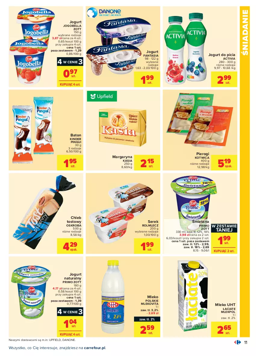 Gazetka promocyjna Carrefour - Gazetka Carrefour - ważna 12.07 do 24.07.2021 - strona 11 - produkty: Activia, Baton, Bell, Bella, Chleb, Chleb tostowy, Danone, Fa, Fanta, Jogobella, Jogurt, Jogurt naturalny, Kasia, Kinder, Kosz, Margaryna, Mleko, Mlekovita, Pierogi, Rolmlecz, Ser, Serek, Zott