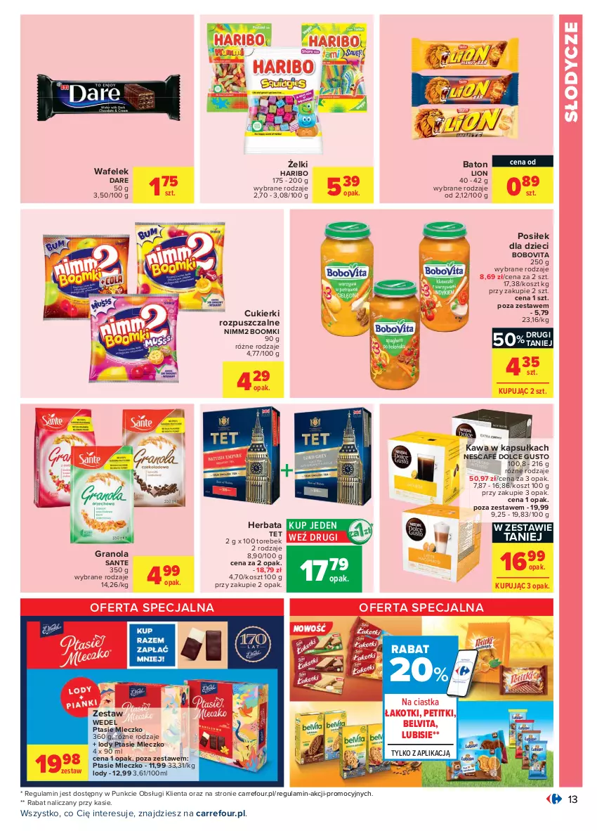 Gazetka promocyjna Carrefour - Gazetka Carrefour - ważna 12.07 do 24.07.2021 - strona 13 - produkty: Baton, BelVita, BoboVita, Ciastka, Cukier, Cukierki, Dolce Gusto, Dzieci, Gra, Granola, Haribo, Herbata, Kawa, Kosz, Lion, Lody, Lubisie, Mleczko, Nescafé, Nimm2, Ptasie mleczko, Sante, Wafelek