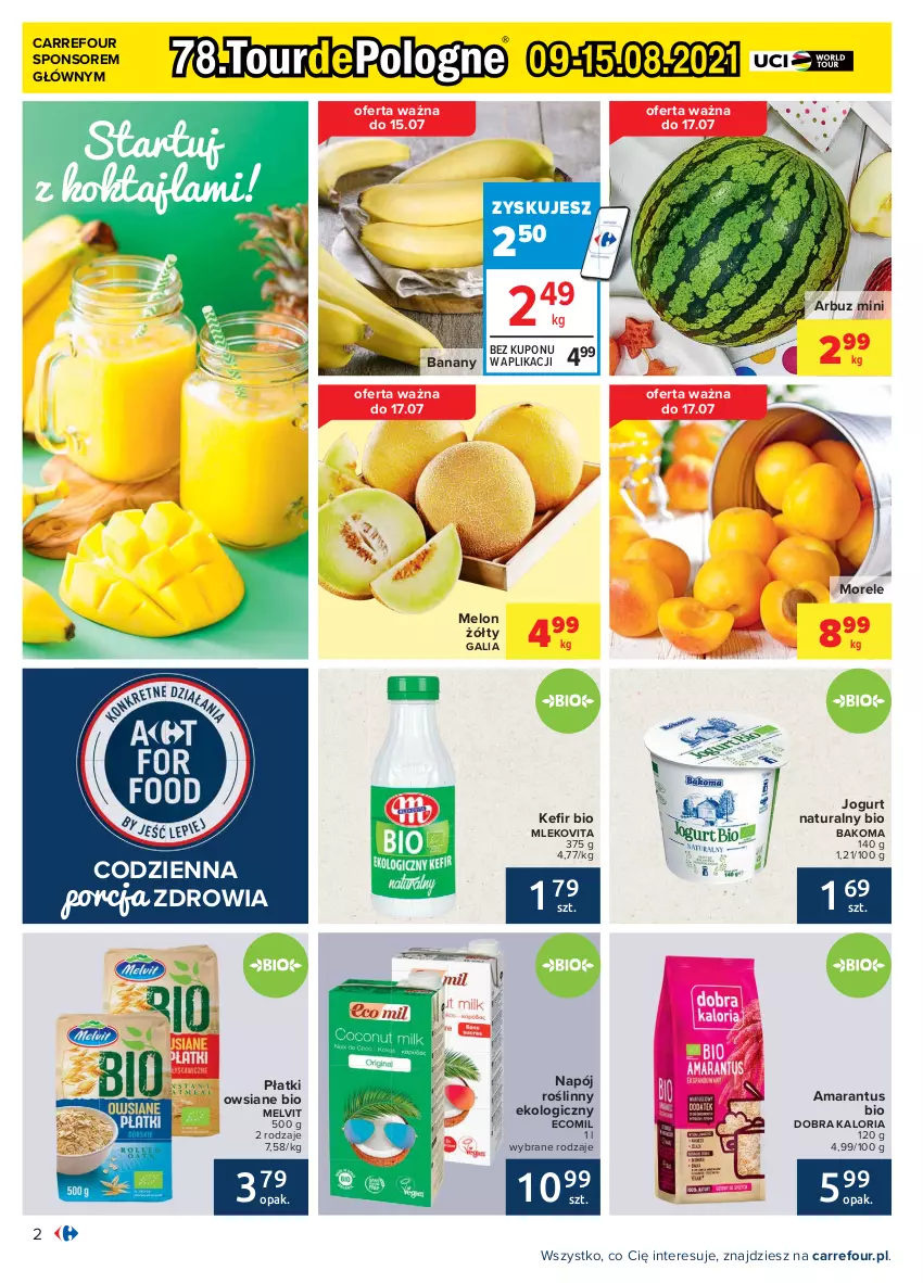 Gazetka promocyjna Carrefour - Gazetka Carrefour - ważna 12.07 do 24.07.2021 - strona 2 - produkty: Arbuz, Bakoma, Banany, Jogurt, Jogurt naturalny, Melon, Melvit, Mleko, Mlekovita, Napój, Napój roślinny, Płatki owsiane, Por