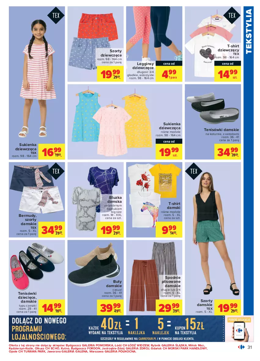 Gazetka promocyjna Carrefour - Gazetka Carrefour - ważna 12.07 do 24.07.2021 - strona 31 - produkty: Bermudy, Buty, Dzieci, Gin, Legginsy, Ozdoba, Spodnie, Sukienka, Szorty, T-shirt, Tenisówki